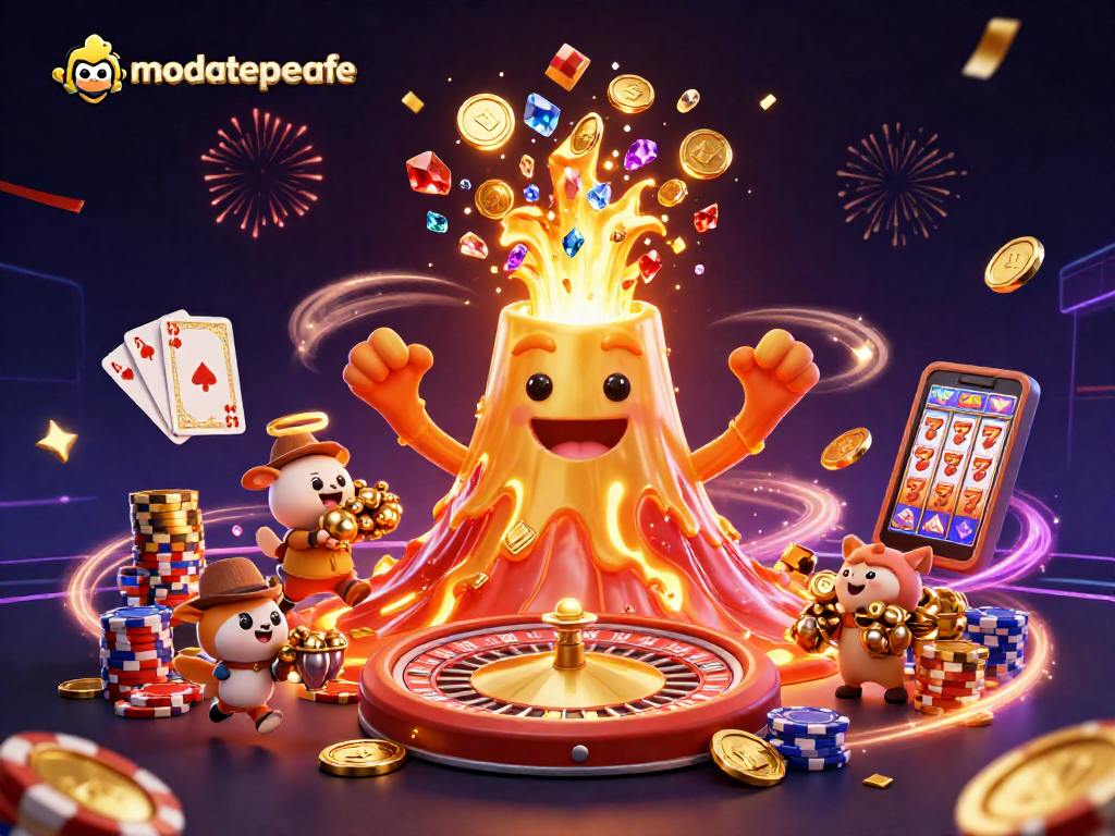 Spin winning slots at modatepecafe, featuring a triumphing golden volcano showering treasures and excitement.