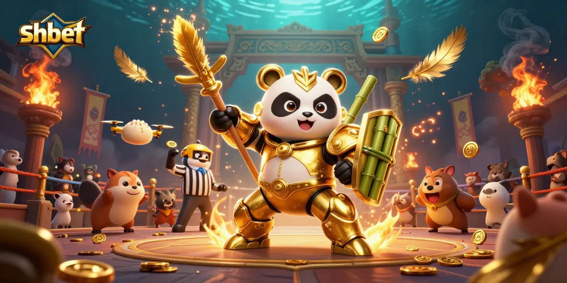 Join shbet's exciting online gaming realm with a dynamic golden panda robot battle scene