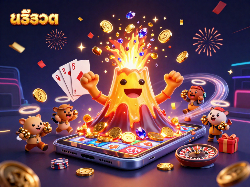 Play สล็อต and collect treasures as the golden volcano erupts, surrounded by a vibrant casino scene.