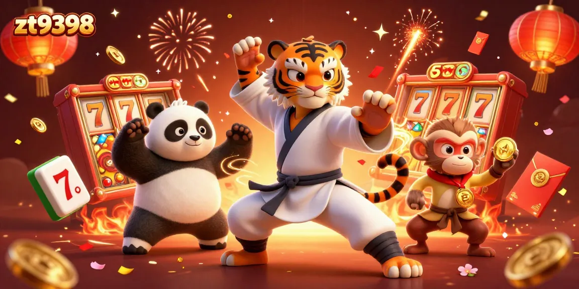 Experience dynamic gaming action at zt9398 featuring a kung fu tiger master in a vibrant casino scene.
