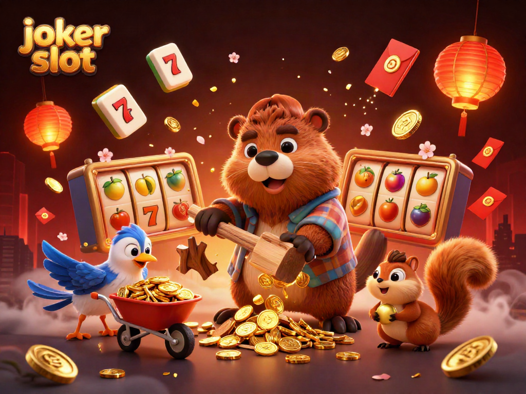Spin the joker slot and win with a dazzling 3D illustration of cheerful beaver characters collecting golden coins.