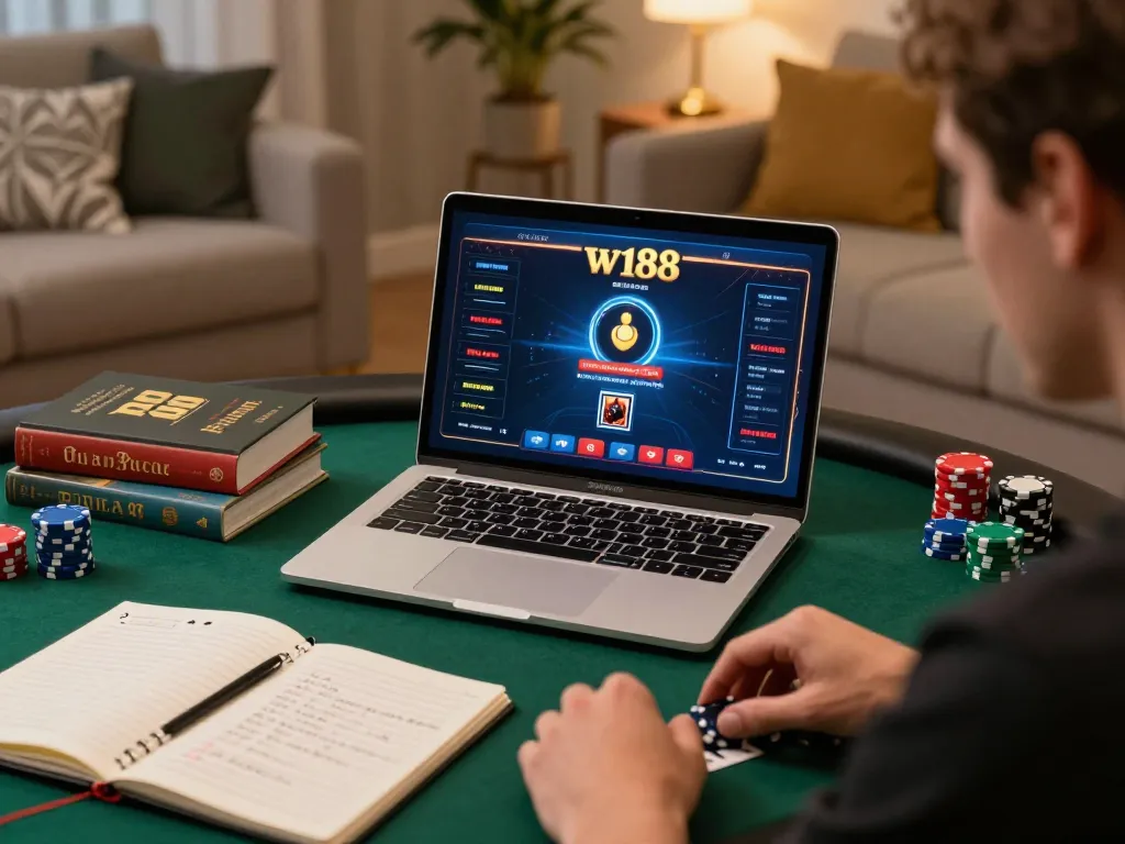 Engaging in strategic online poker at w188, showcasing focused gameplay on a laptop with notes.