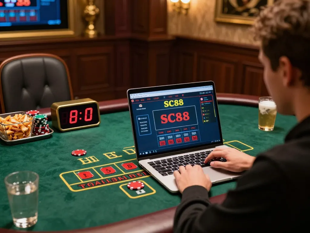 Player engaging with SC88 live casino gameplay on a laptop in a cozy setting.