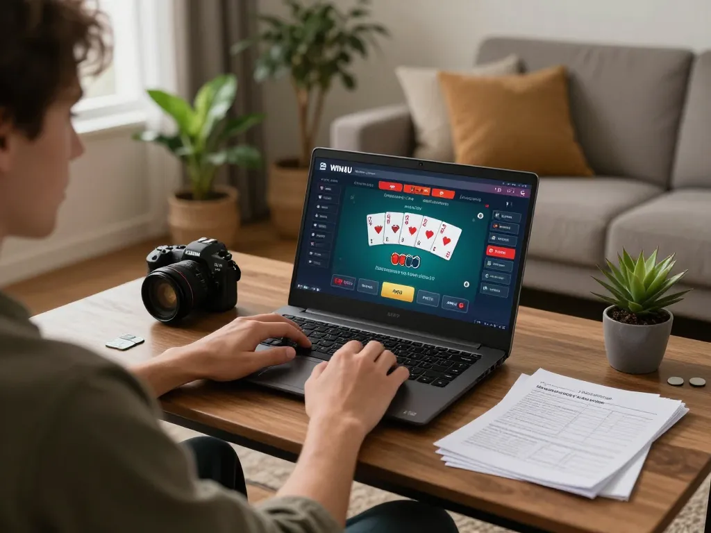 Engaged player using WIN4U for online poker in a cozy home setup, highlighting strategic gaming.