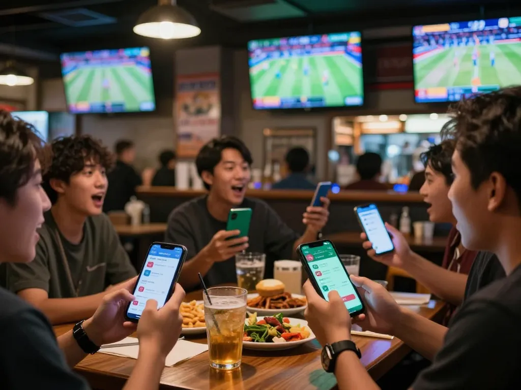 An energetic sports betting crowd analyzing keo nha cai odds during live game events at a vibrant sports bar.