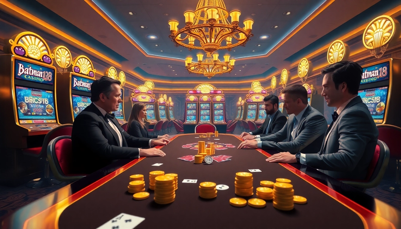 Experience thrilling gameplay at batman138 with elite players at a glamorous poker table surrounded by vibrant slot machines.