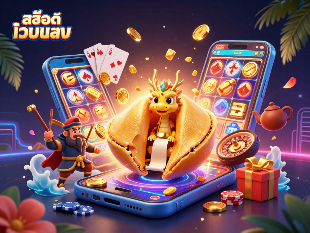 Experience online gaming excitement with สล็อตเว็บตรง and vibrant casino elements in a dynamic 3D scene.