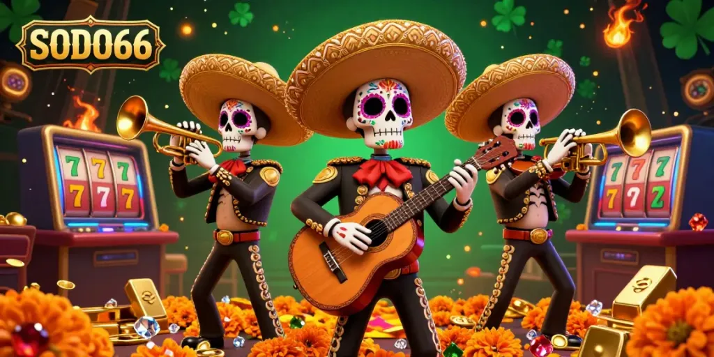 Engage with SODO66's vibrant casino atmosphere featuring a Day of the Dead mariachi band surrounded by exciting gaming elements.