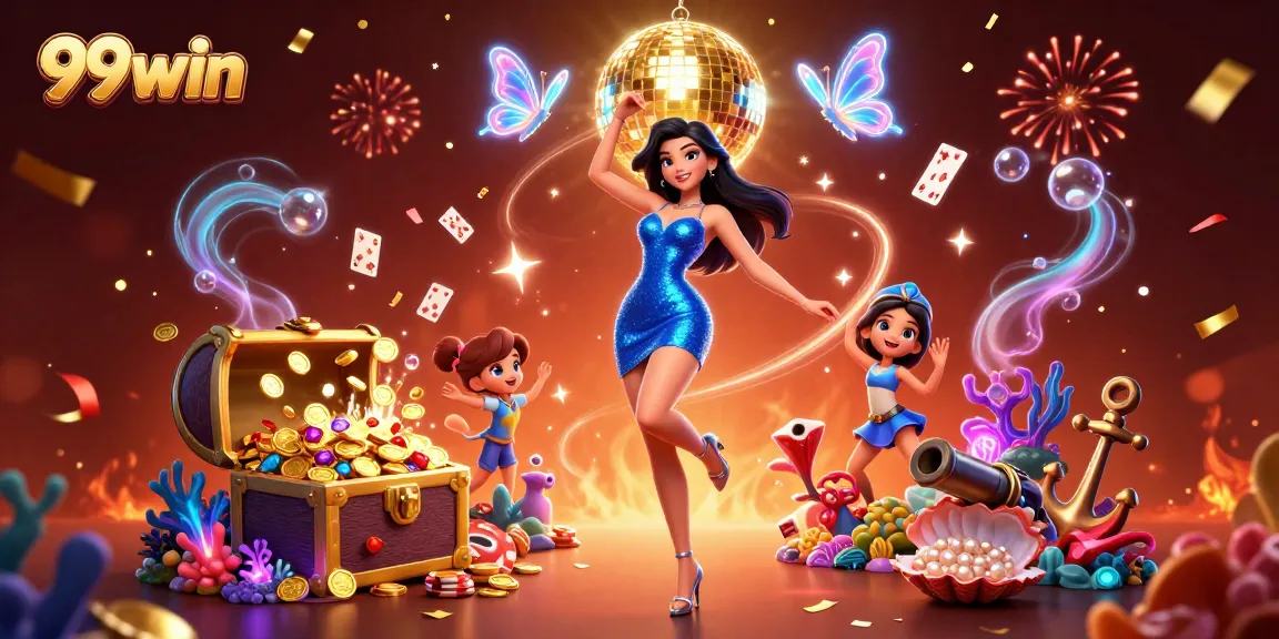 Experience excitement at 99win with a glamorous dancer amidst casino-themed elements and vibrant colors.