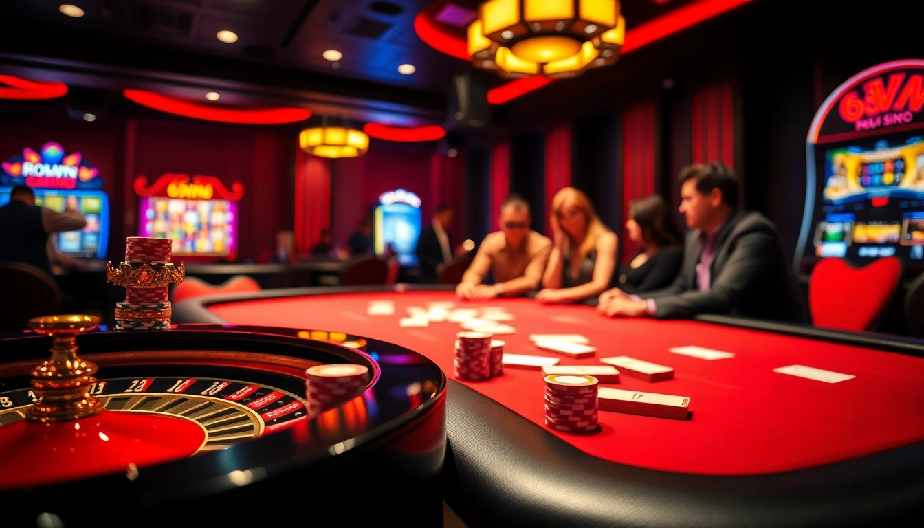 Exciting gaming scene at 69VN, featuring poker chips, cards, and vibrant slot machines.