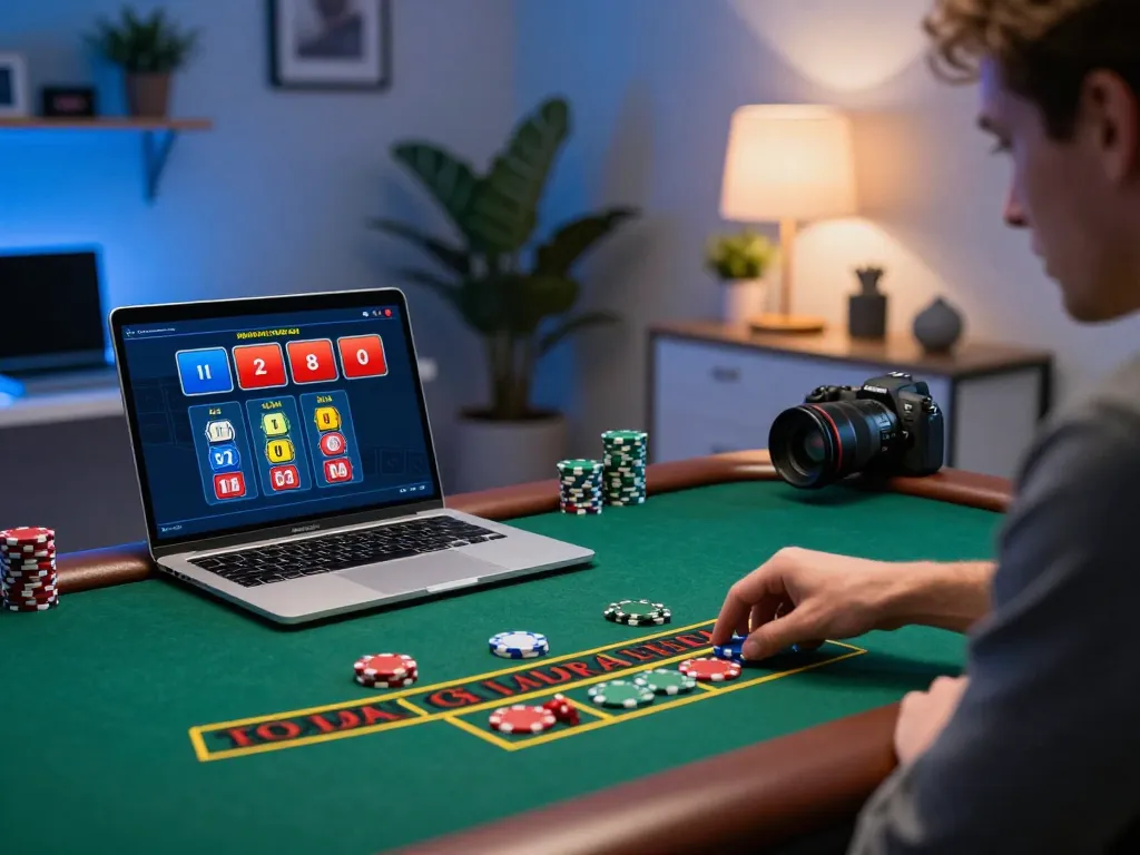 Pemain menang di blackjack dalam permainan kasino online di https://www.goldleafrestaurant.com/wp_glmain/ dengan laptop di meja.