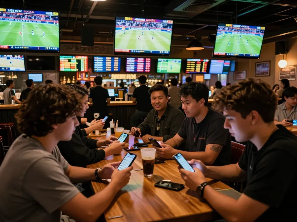 KÈO TRỰC TUYẾN showcased in a lively sports bar where fans passionately place bets on their phones.