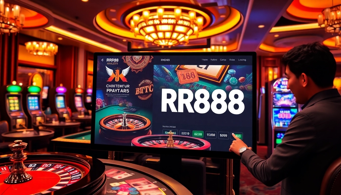 RR88 online gamblers engaging in exciting gameplay surrounded by vibrant casino visuals.