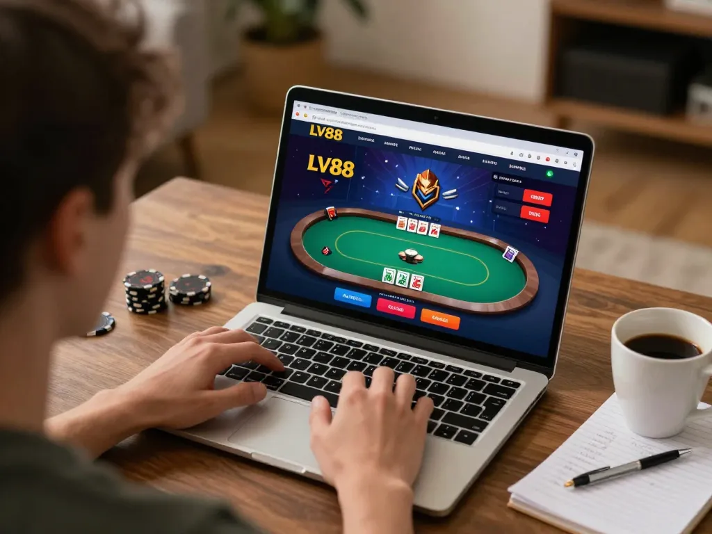 Player enjoying LV88 poker game on laptop in cozy home setting, engaged in strategic gameplay.