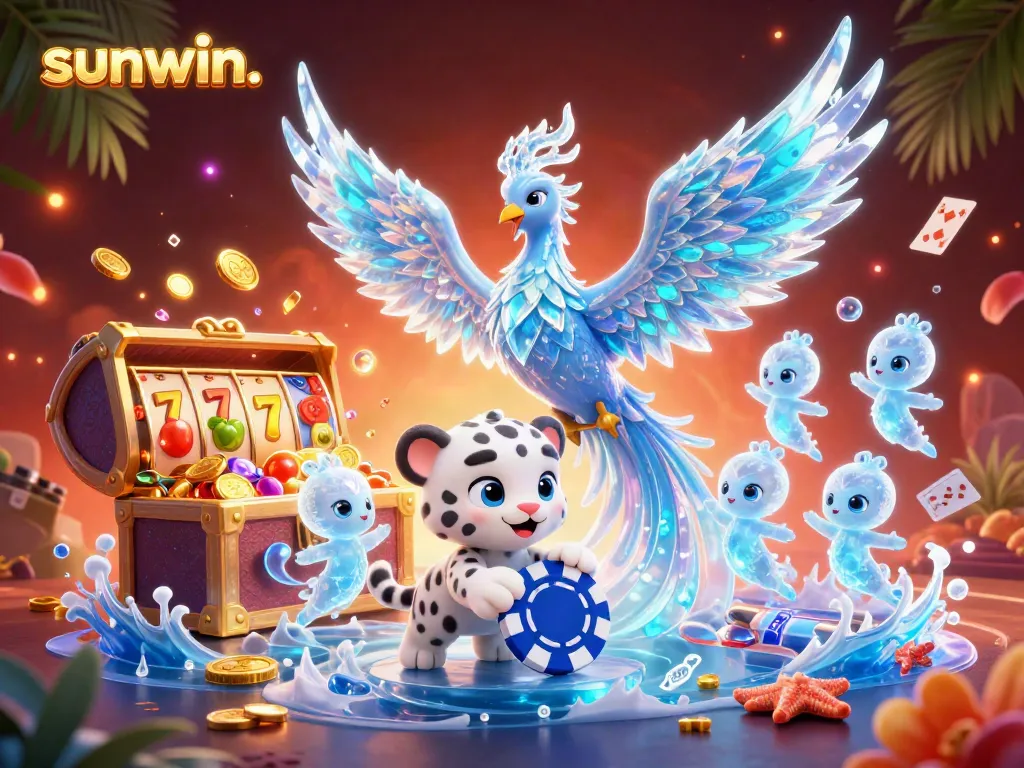 Experience exciting wins with sunwin. in this vibrant 3D casino scene featuring magical creatures and dynamic game elements.