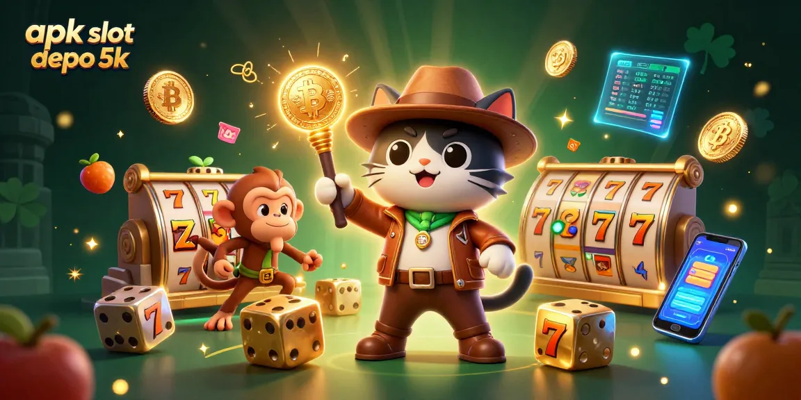 Engage with apk slot depo 5k while an explorer cat uncovers hidden treasures surrounded by vibrant slots and currency elements.