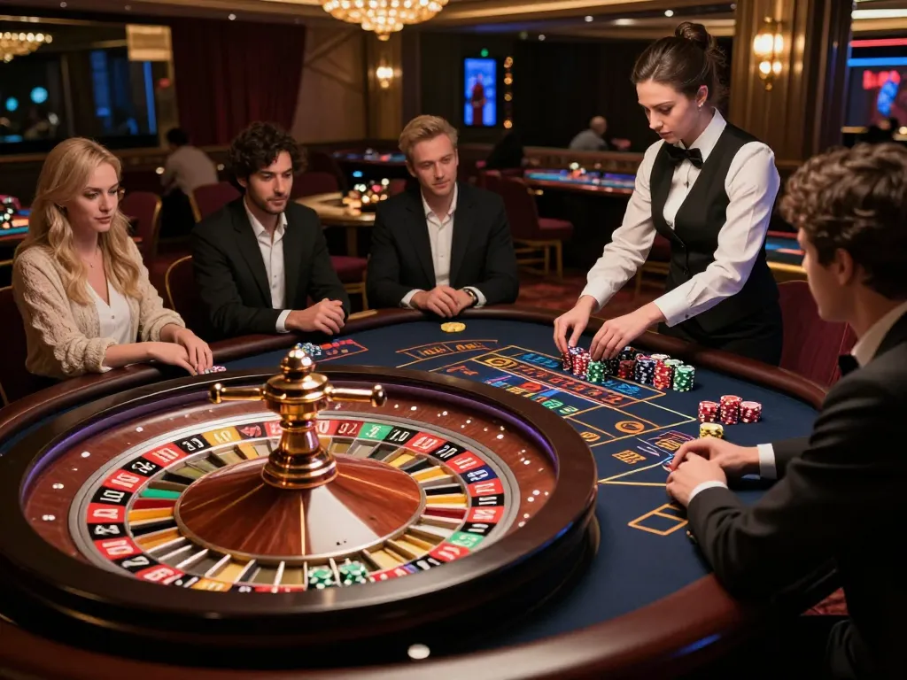 Engaging roulette action at mb88slot casino showcasing players around the vibrant table.