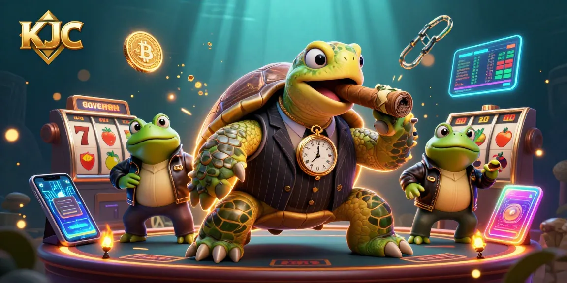 KJC casino scene featuring a snapping turtle in a suit surrounded by vibrant slot machines and glowing Bitcoin coins.