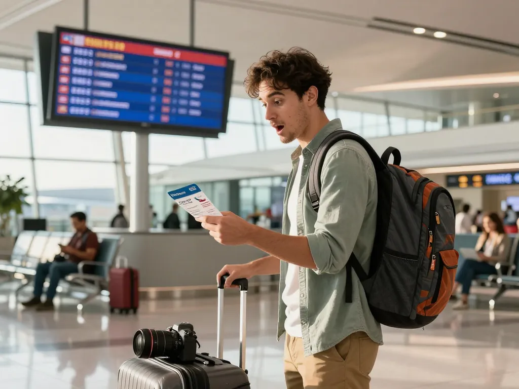 Traveler excitedly checking boarding pass for flight on American Airlines 789P in a bustling airport.