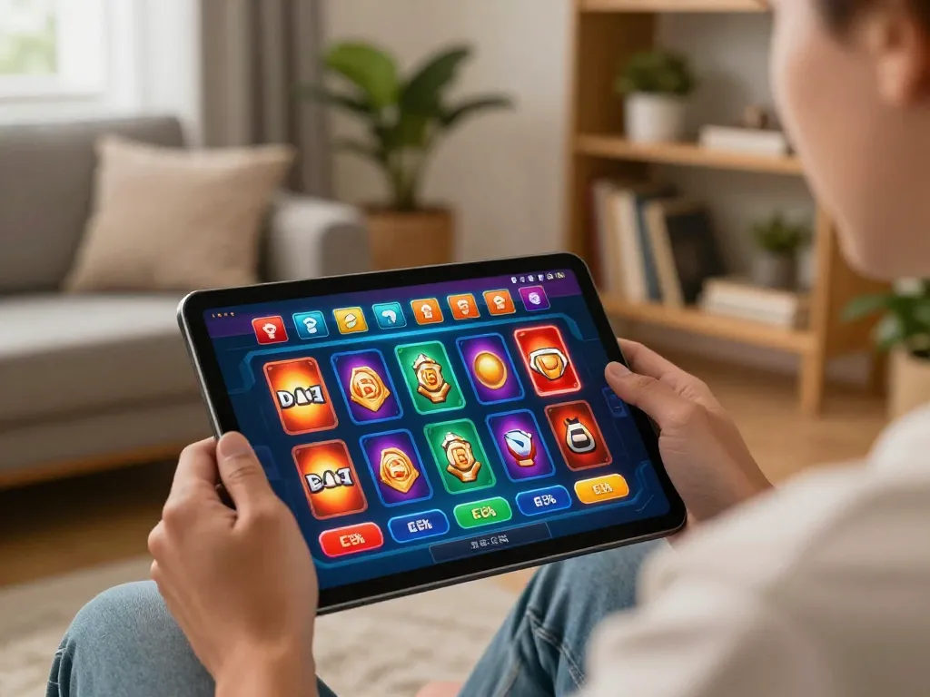 VSBET player engaging in online casino gaming on a tablet in a cozy living room