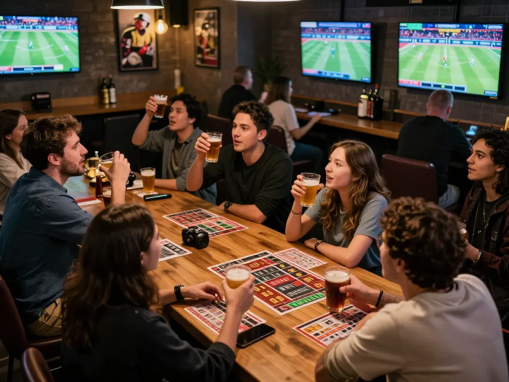 Exciting sports betting atmosphere at sky88 club with friends cheering and analyzing live match odds.