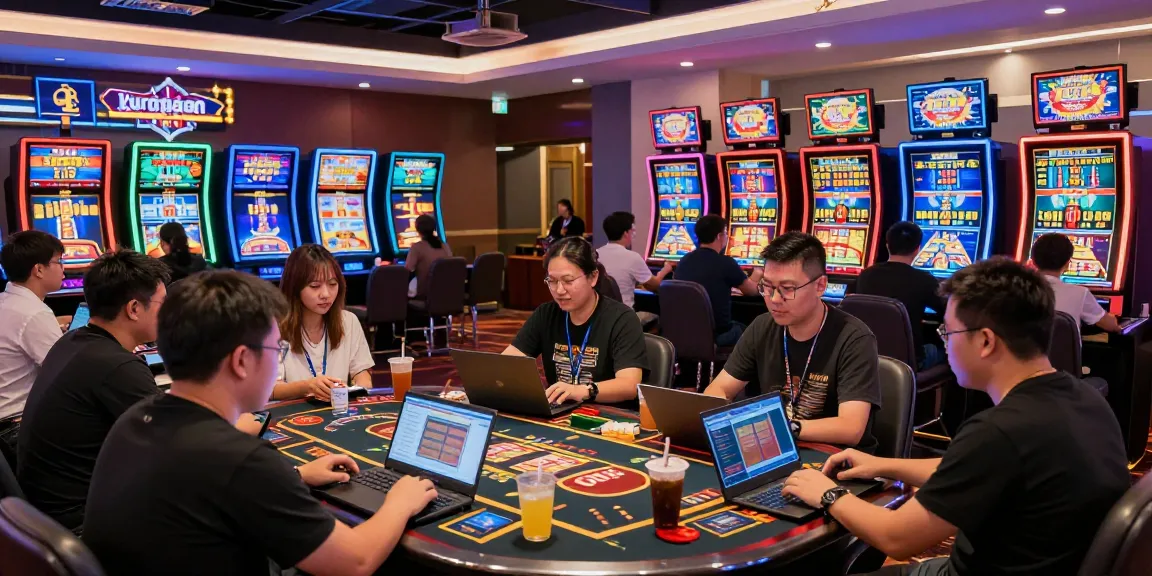 Juragan togel: Pemain bersemangat di kasino online dengan layar penuh warna dan suasana yang hidup.