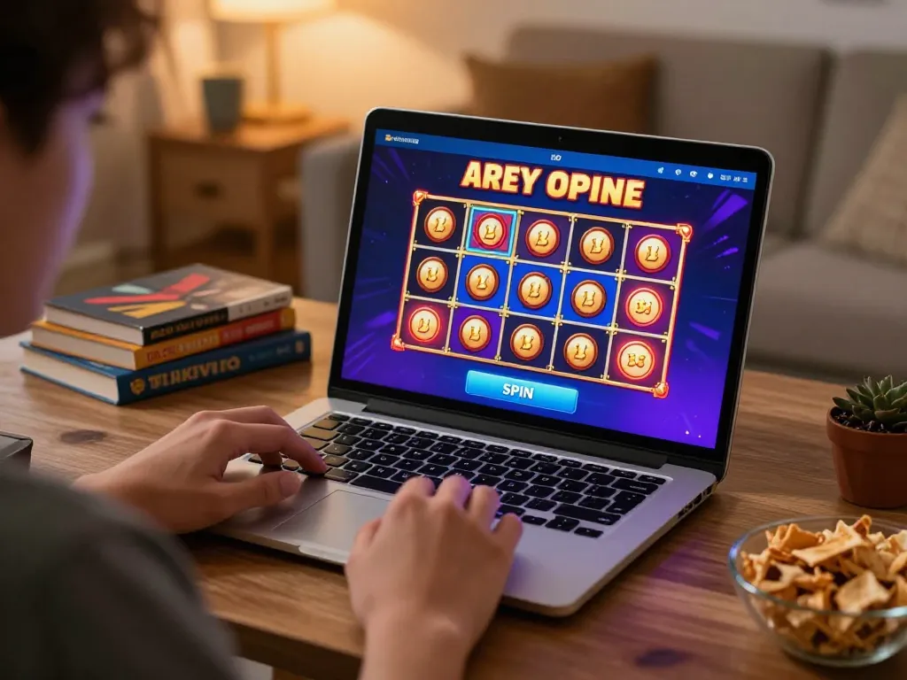 88xx player engaging with an online slot game on laptop, showcasing immersive gaming experience.