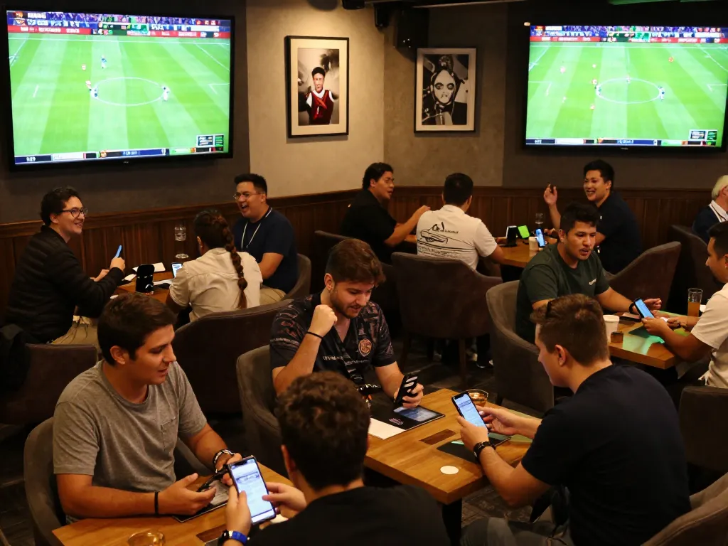 Gamblers placing bets on their smartphones during a live football match at a sports betting lounge, showcasing 7m