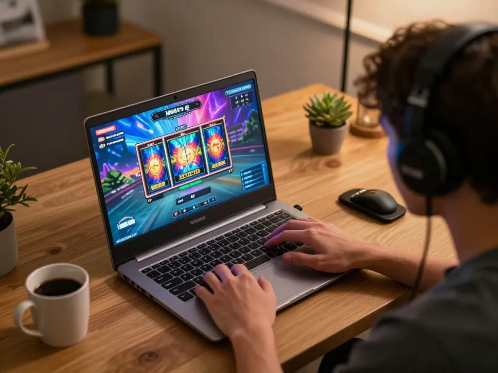 MPO08 offers interactive online gaming experience with vibrant slots on a laptop in a cozy setting.
