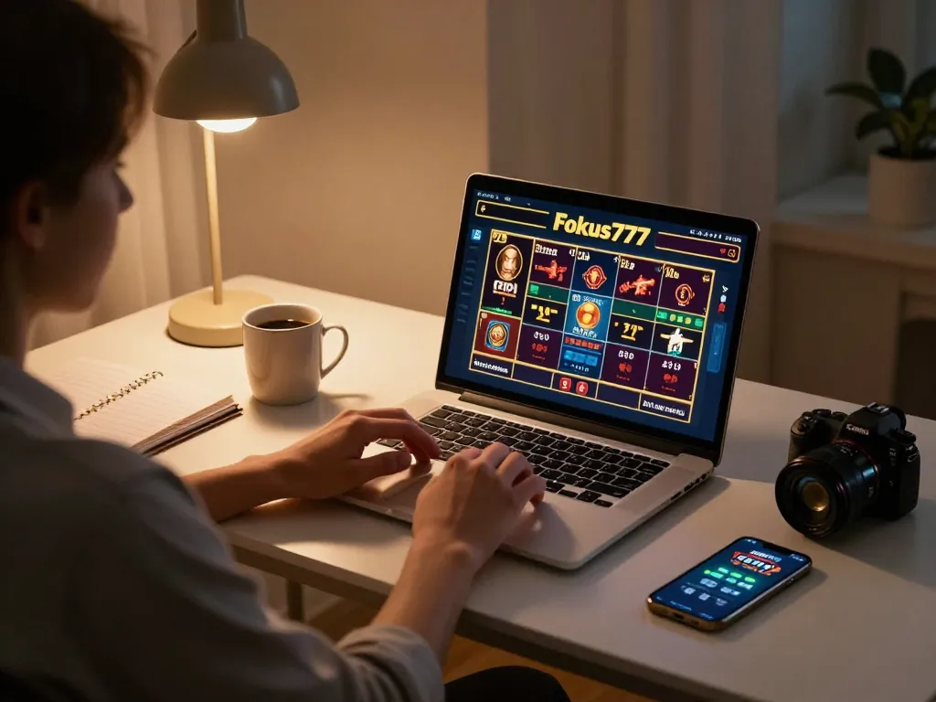 Experience thrilling gameplay on Fokus777 with a user placing bets on a laptop in a cozy home office
