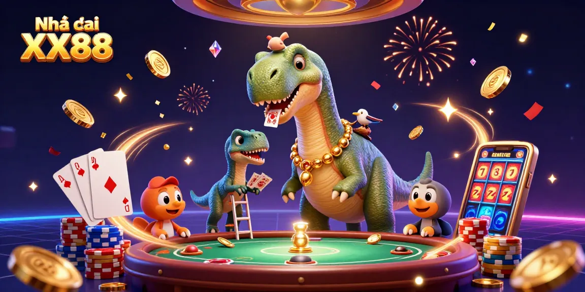 Engage with Nhà cái XX88 in a vibrant gaming scene featuring a towering dinosaur and dynamic casino activities.