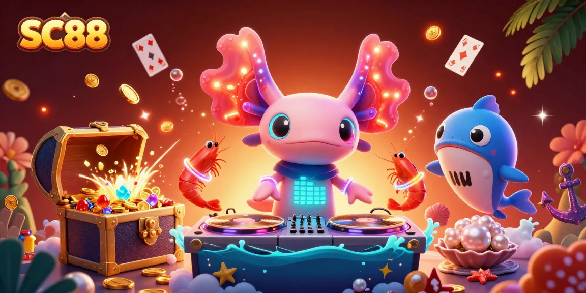 SC88's vibrant casino scene showcases a neon axolotl DJ surrounded by lively sea creatures and glowing game elements.
