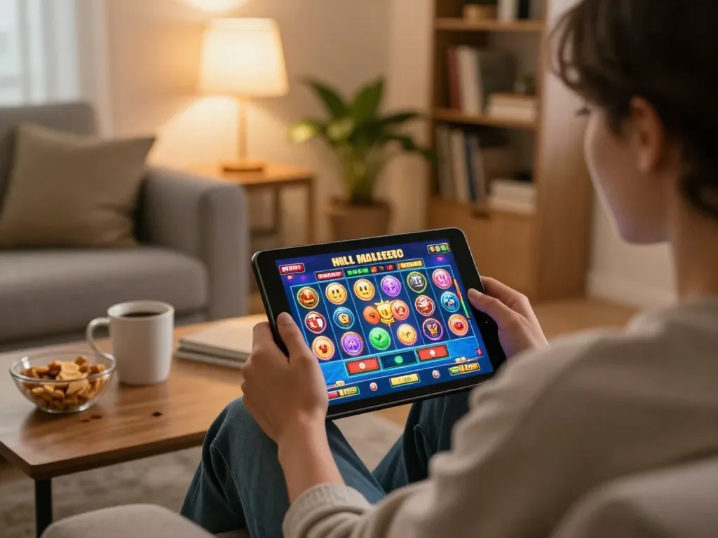 Engaging home gaming setup showcasing okfun on tablet with colorful slots, highlighting strategic play.
