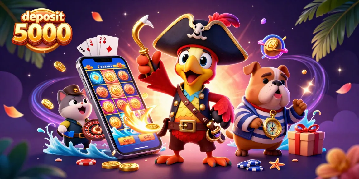 Experience thrilling gaming action with deposit 5000, featuring pirates, slots, and golden coins.