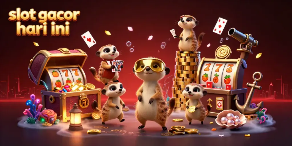 Engage with slot gacor hari ini in a vibrant casino scene featuring meerkats and dynamic game elements.