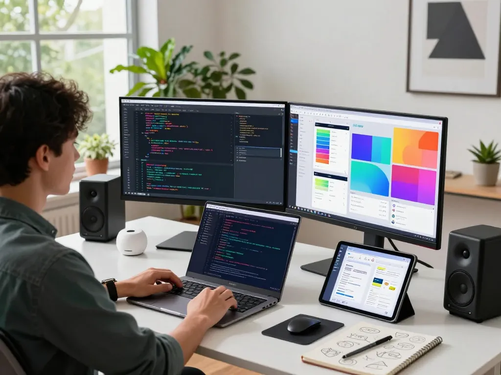 Developer using juicy ai applications at a modern workspace with vibrant code and design mockups.