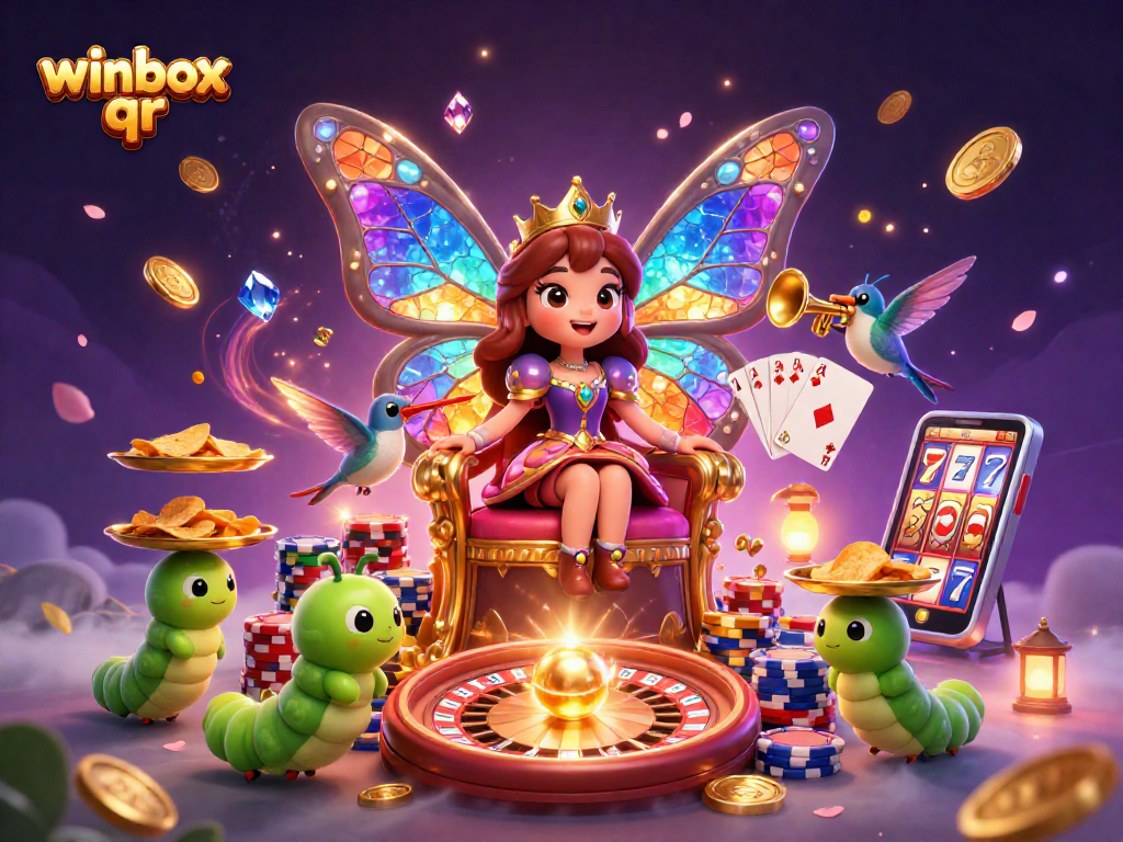 Spin to win with the vibrant winbox qr illustration featuring a butterfly queen and gleaming casino elements.