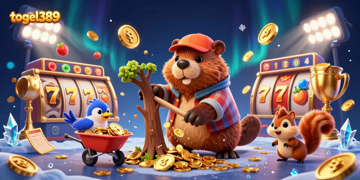 Boost your wins with togel389 as a cartoon beaver collects golden coins from a magical tree.