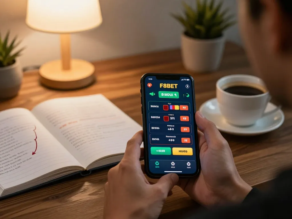 Players engage with F8BET casino app, focusing on live betting options in a comfortable home environment