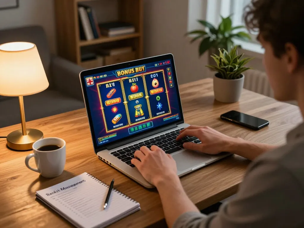 Engaged player enjoying bonus buy slots UK on laptop with strategic notes in comfortable home setting