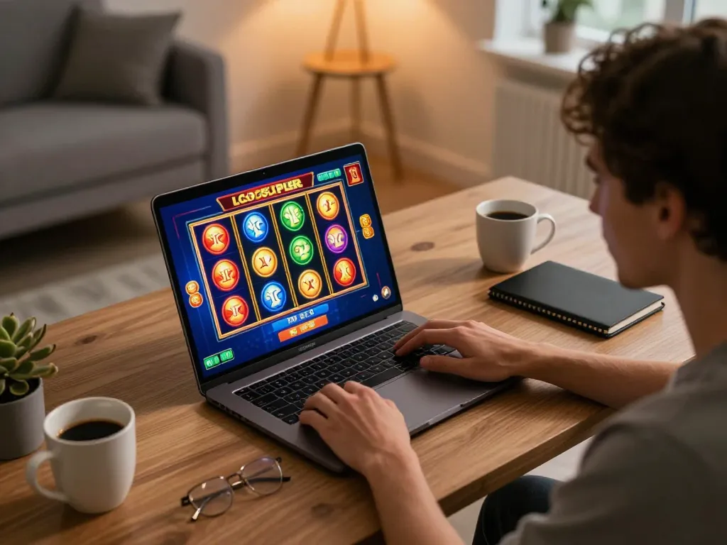 Player engaging with LGOSUPER slot game on laptop, showcasing vibrant interface and home gaming setup