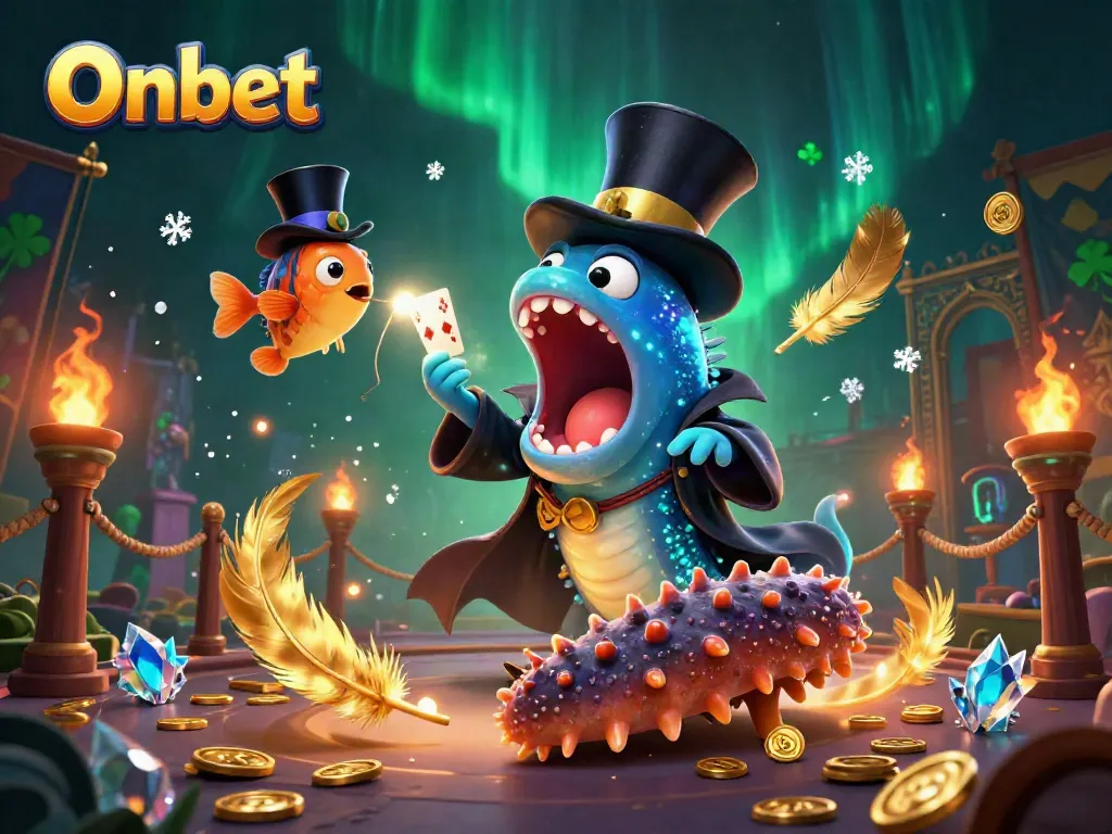 Engaging Onbet casino scene with a gulper eel magician performing tricks, surrounded by dynamic casino elements.