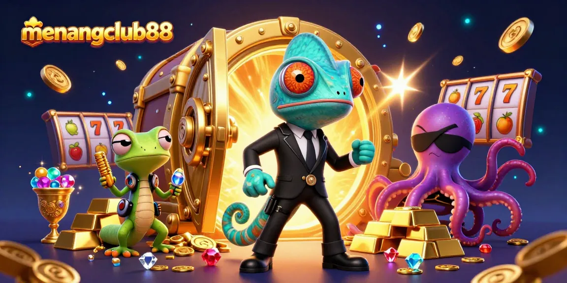 Experience thrilling wins at menangclub88 with vibrant characters exploring golden treasures and game excitement.