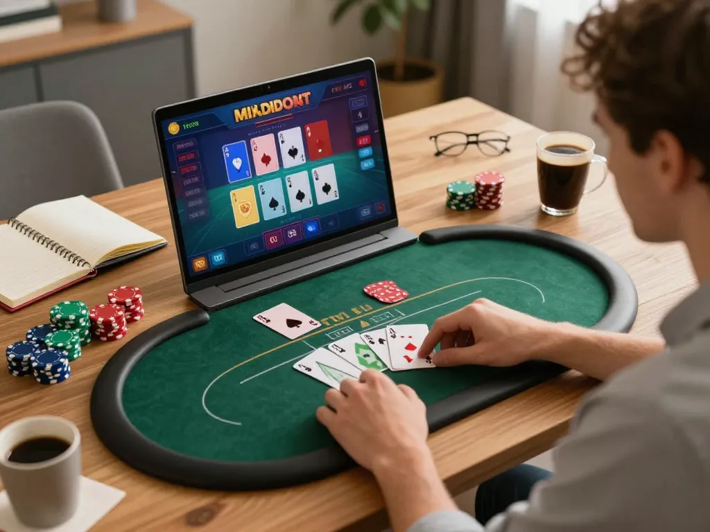 88new player engaging in online poker game at home, focused on strategy with chips and cards visible