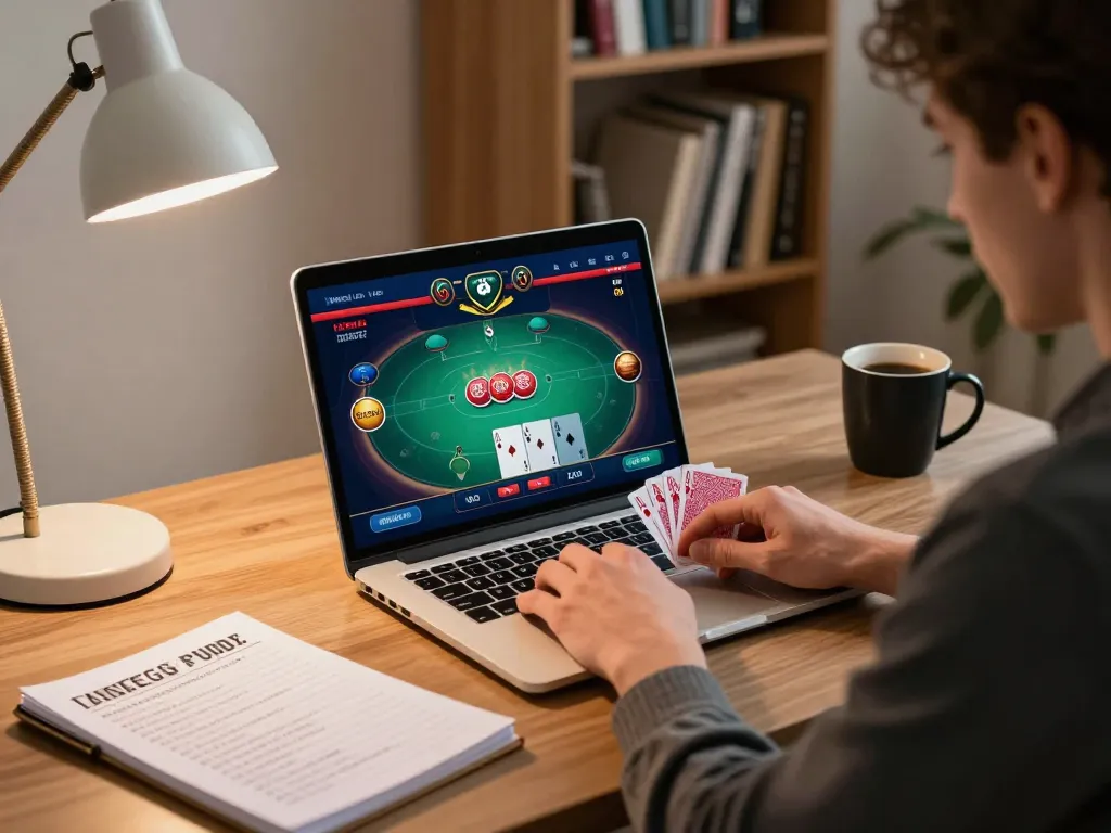 Player engaging in strategic online poker gameplay on 33winf, analyzing cards with a focused expression.