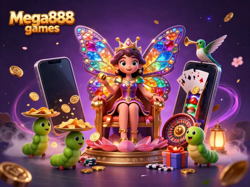 Experience the thrill of Mega888 games with vibrant visuals of slots and casino action in colorful 3D.