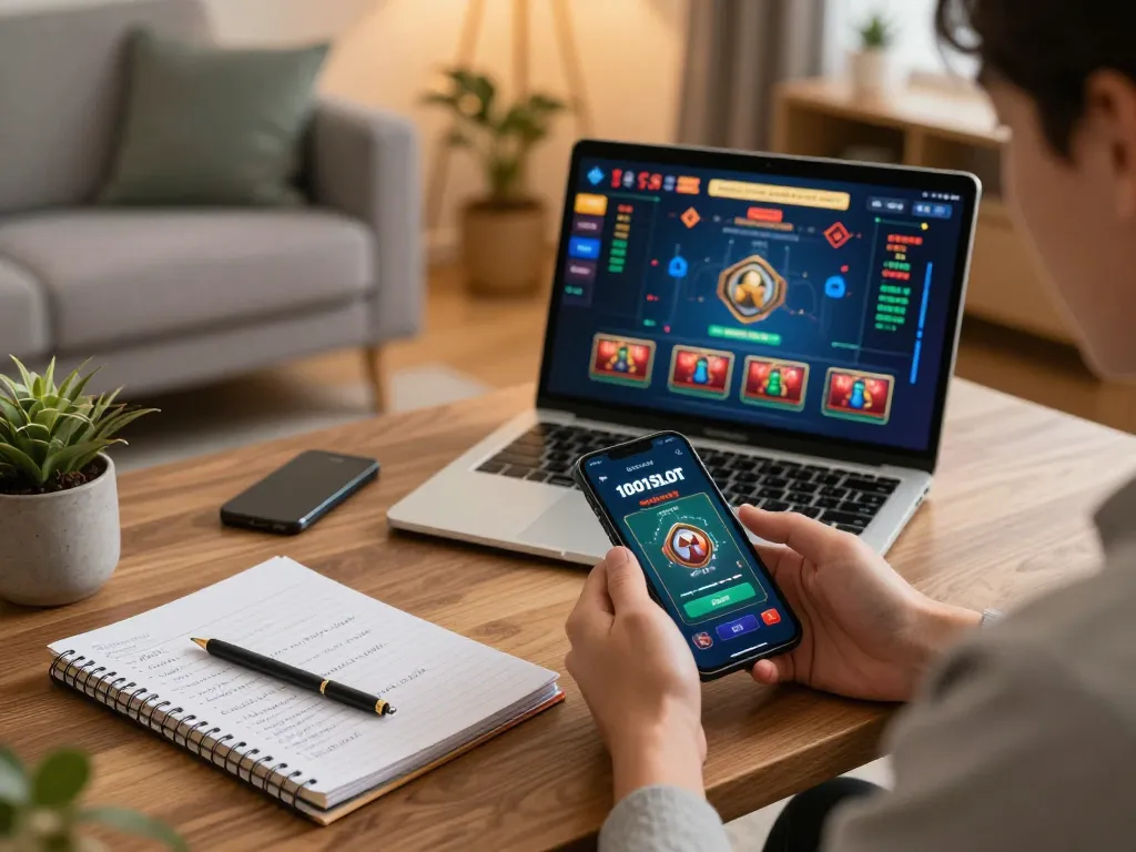 Engaging with the 1001SLOT app on a smartphone in a cozy home environment during online gaming.