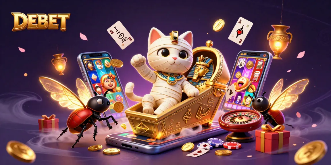 Experience the excitement of DEBET with a vibrant casino scene featuring a mummy cat, glowing scarab, and dynamic gameplay elements.