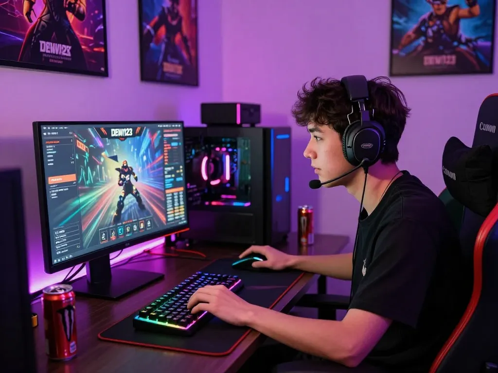 Dynamic gaming scene showcasing DEWI123 interface with an engaged player.