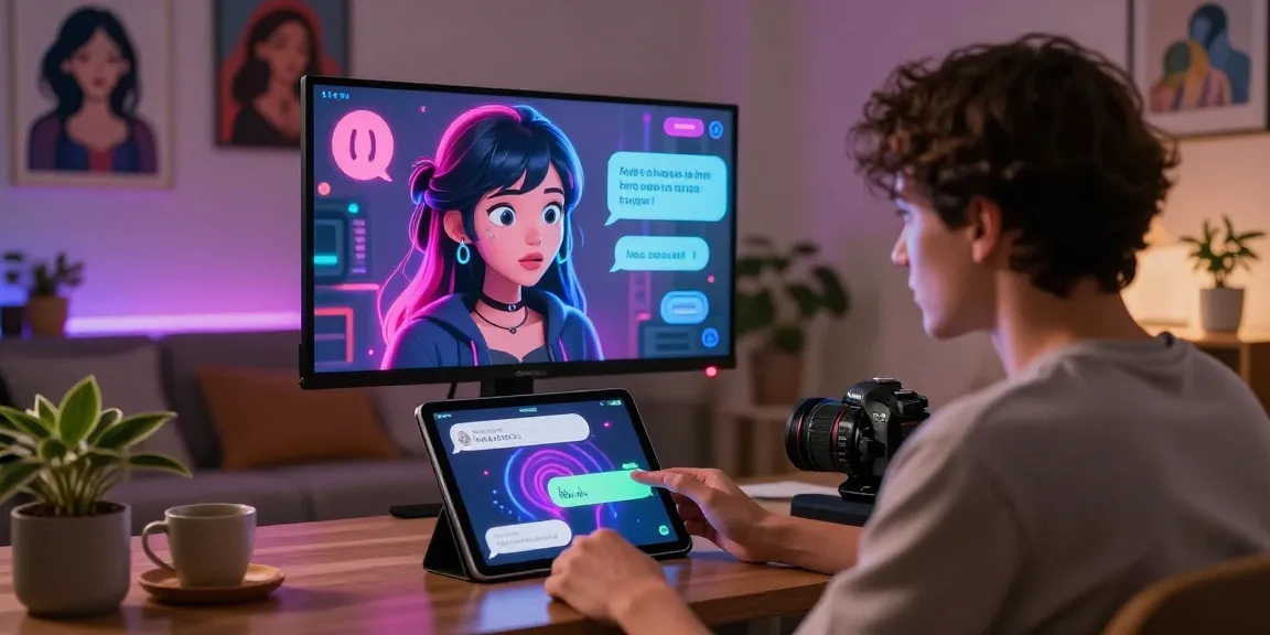 Engaging NSFW AI interaction scene showcasing a user and custom avatar in a cozy home.